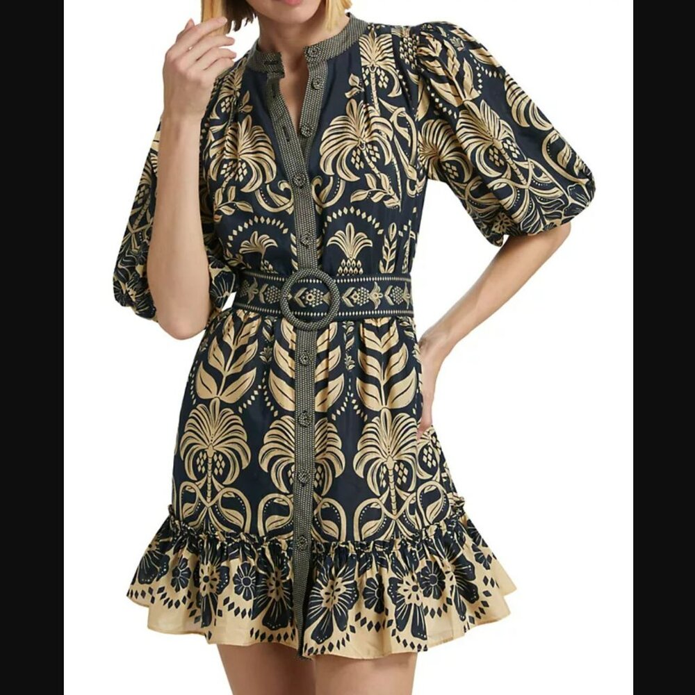FARM Rio Gold and Black Ruffled Peplum Mini Dress